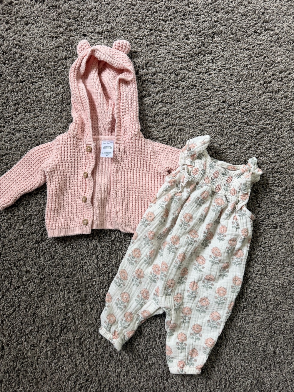 Pink Knit Hooded Baby Cardigan with Floral Cotton Romper